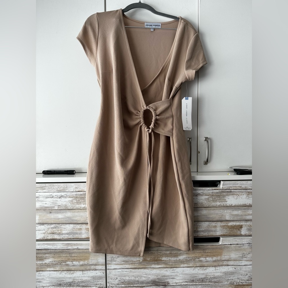 🌸 Almost Famous Beige Cutout Ring Tie Front Mini Dress NWT Size L
